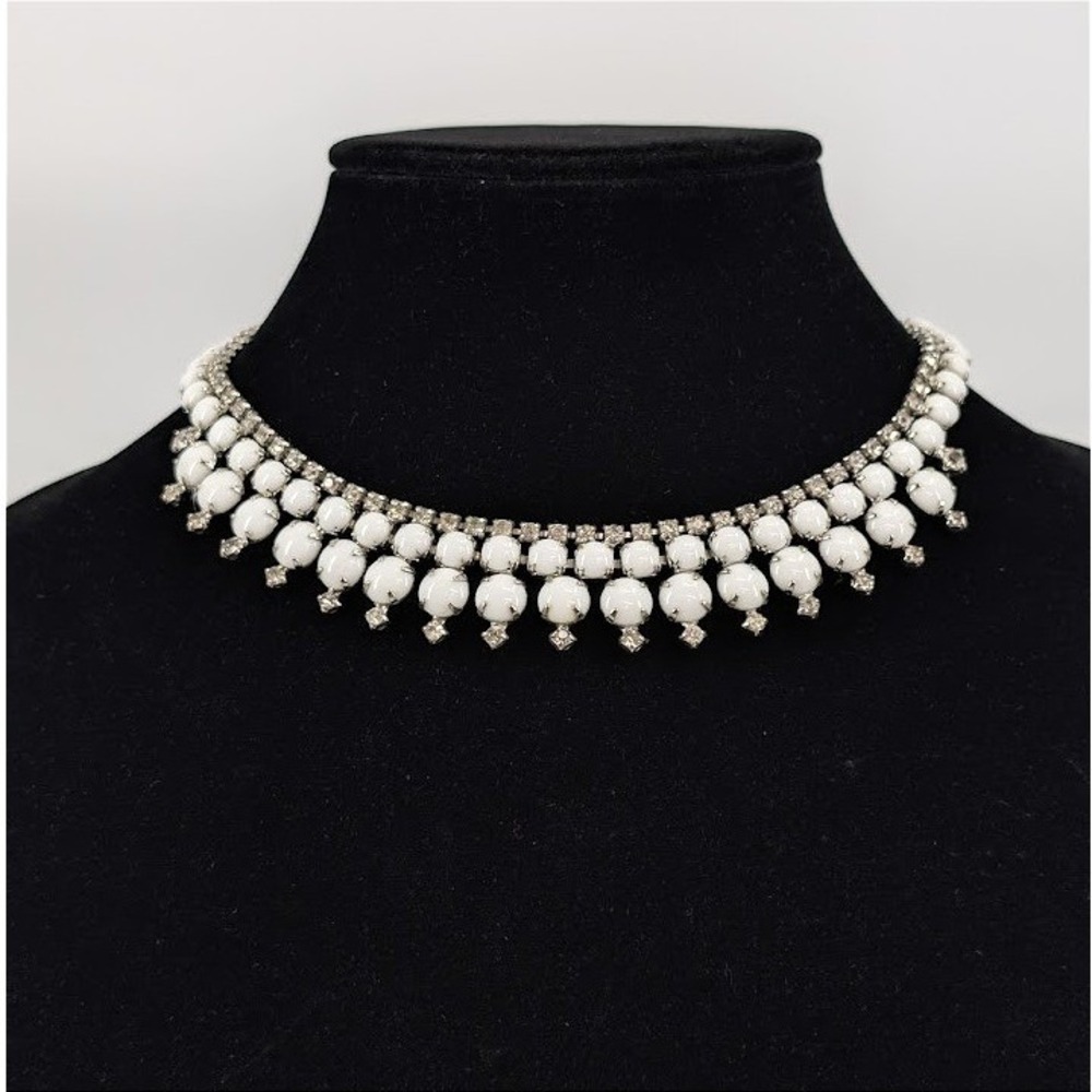 VTG Kramer New York Milk Glass Bib Necklace Choker Clear Rhinestone Silver Tone